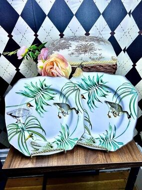 Vintage Tropical Palm & Mallard Porcelain Plates –‎ Octagonal Decorative Pair